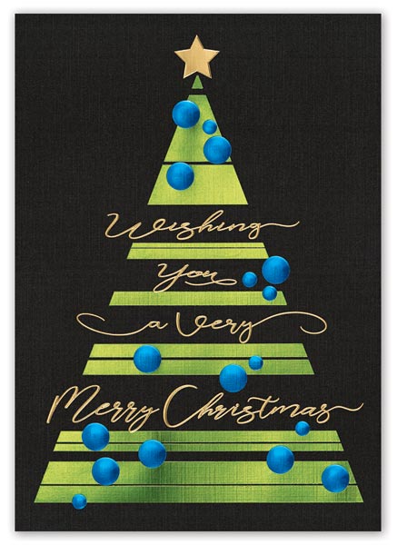 Rich turquoise baubles floating up to a gilded star set the Royal Glow Christmas card in glorious motion.