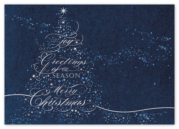 Tiny galaxies of fairy lights form an ethereal holiday tree in the Radiant Night Christmas card.