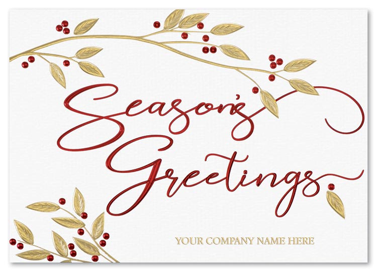 Softly shimmering leaves and berries grace the Holly & Harmony holiday card.