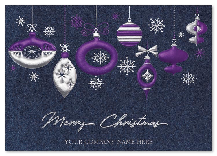 A cool and jazzy chorus of holiday baubles bring whimsical flair to the Blue Whimsy Christmas card.