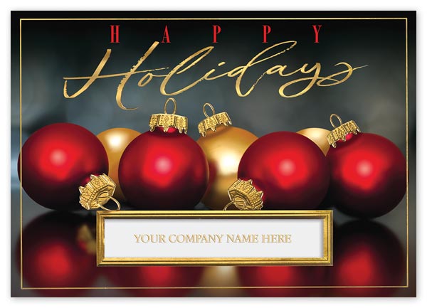 Modern Holiday showcases red and gold ornaments with embossed gold foil accents