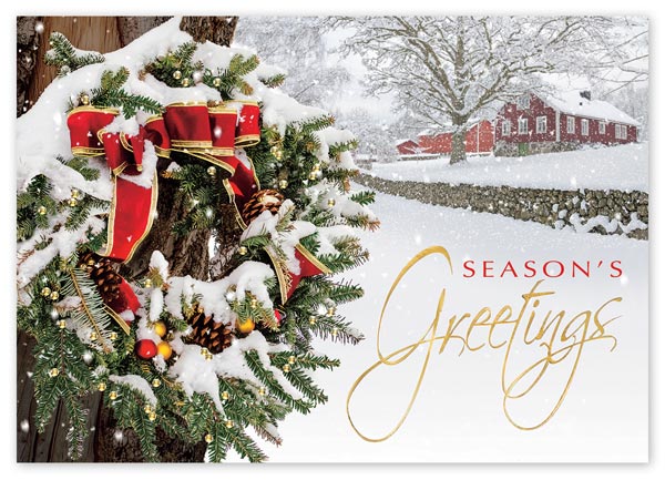 A design that says welcome home, the be-ribboned wreath on the Snowy Delight Holiday card extends warm greetings this holiday