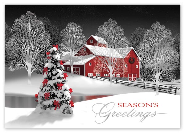 The traditional holiday scene has been given an artistic facelift with the Merriest of Nights Holiday Card. Silver foil accen