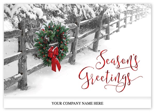The snow-laden boughs bend and nod to a joyful wreath in the Crisp Winter Moment Holiday card.