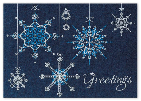 Fantastical stars dangle with delight on the Blue Dazzle holiday card.