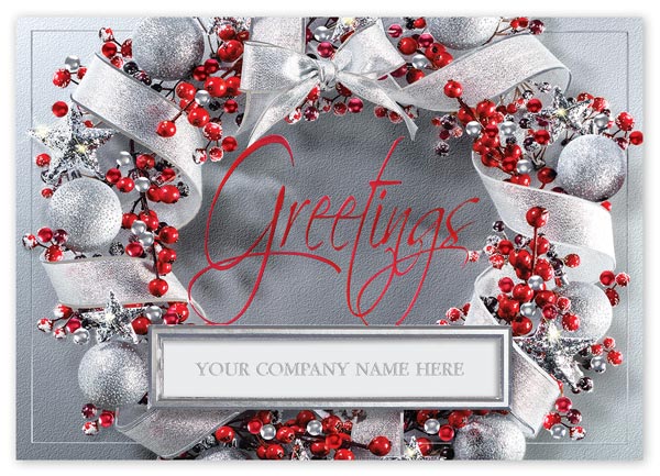 The Frosted Flair holiday card shimmers and shines with a silver medley of ribbons and stars.