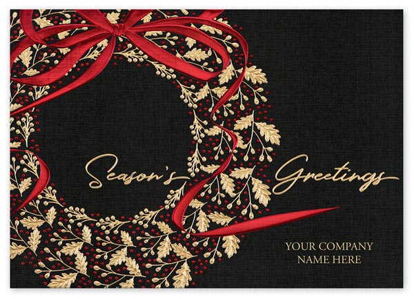 The gilded wreath of the Bold & Bright holiday card sends your wishes with classic taste and elegance.