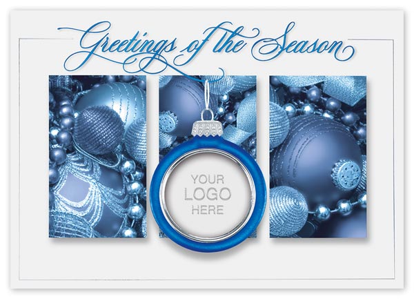 Sapphire hues and silver accents grace the Radiant Glitz holiday card's elegant triptych.