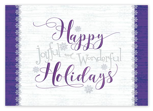 Royal purple and silver accents add a touch of artful sophistication to the Gleeful Greetings holiday card.