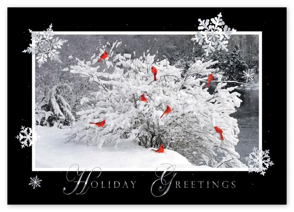 A flock of cardinals decorate snow-laden branches in the lovely Riverfront Rest holiday card.