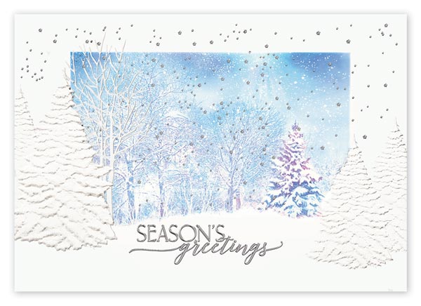 Graced in silvery white hues, the Winter Night's Dream holiday card softly sparkles as its opened.