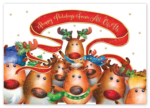 Rudolph and his reindeer friends share joy and wonder in the Reindeer Cheer Holiday cards.