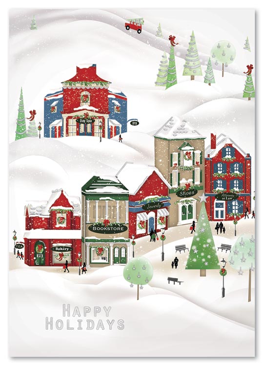 Quaint and charming, the Cheerful Village holiday card bustles with an old fashioned energy all its own.