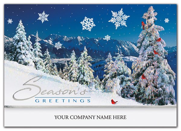 Falling snowflakes shimmer and shine while bright red cardinals hop and play in the Flock Together Holiday Card.