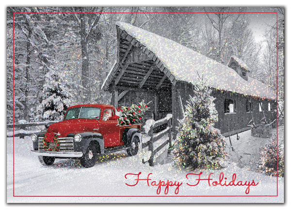 Santa smiles and waves from a holiday gone by in the Happy Trails Holiday Card.
