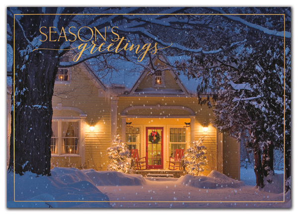 With its soft lights shining through a snowy night, My Holiday Home Holiday Card sends a message of warmth and welcome.