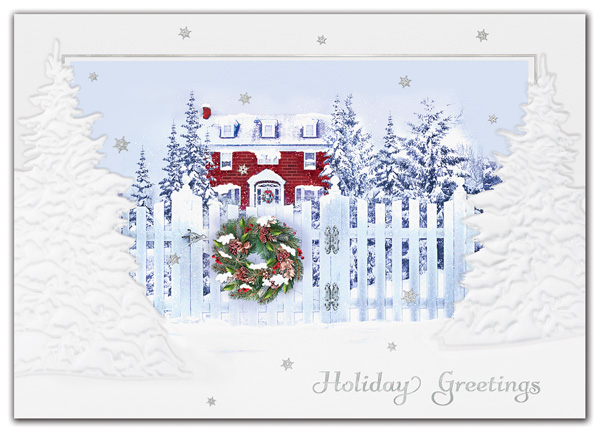 A classic and stately home beckons your gaze in the White Picket Fence Holiday Card.
