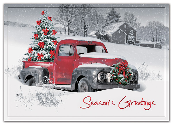 A vintage truck decked out for the holidays shares a nostalgic seasonal wish in the Big Red Holiday Card.