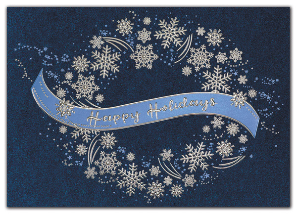 A delicate dusting of stars dances across in a night sky of falling snow in the Just Chilling Haoliday Card.