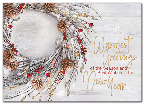 Pale white twigs adorned with berries and pine cones bring a wintry elegance to the Natural Elements Holiday Card.