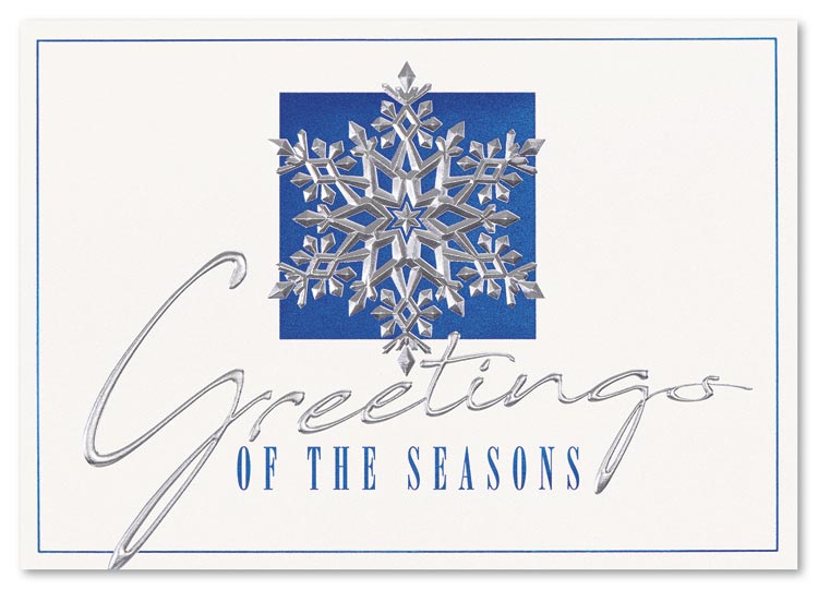 A glittering snowflake on a rich blue background adds a flair of seasonal magic to the Snowflake Hero Holiday Card.