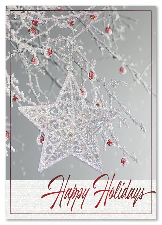 With its lone star ornament dangling from an icy branch, the Seamless Sparkle Holiday Card sends a message of peace and tranq