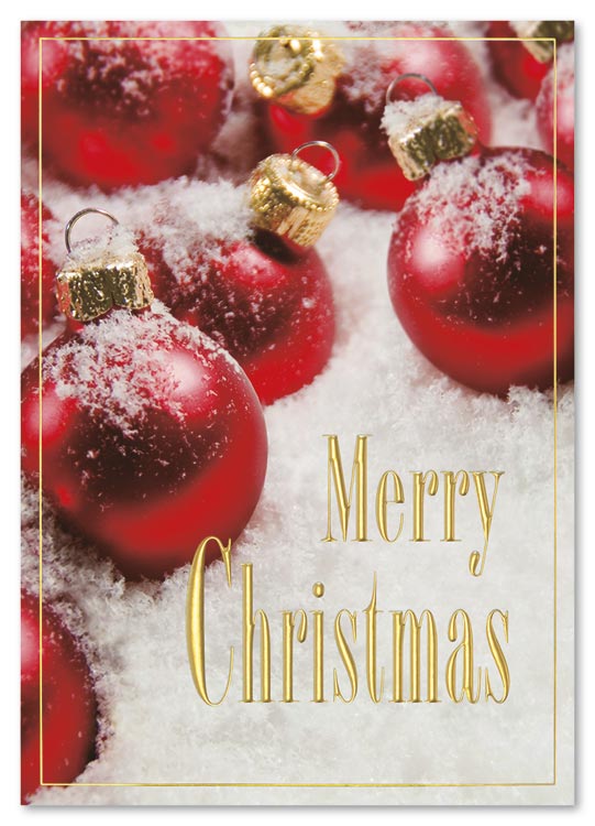 Bright red ornaments nestled in a snowy drift share a lighthearted wish in the Crimson All Over Christmas Card.