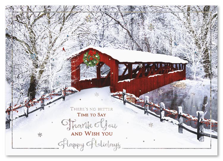Share your appreciation and gratitude with the Cozy Lane Holiday Card classic winter snowscape.