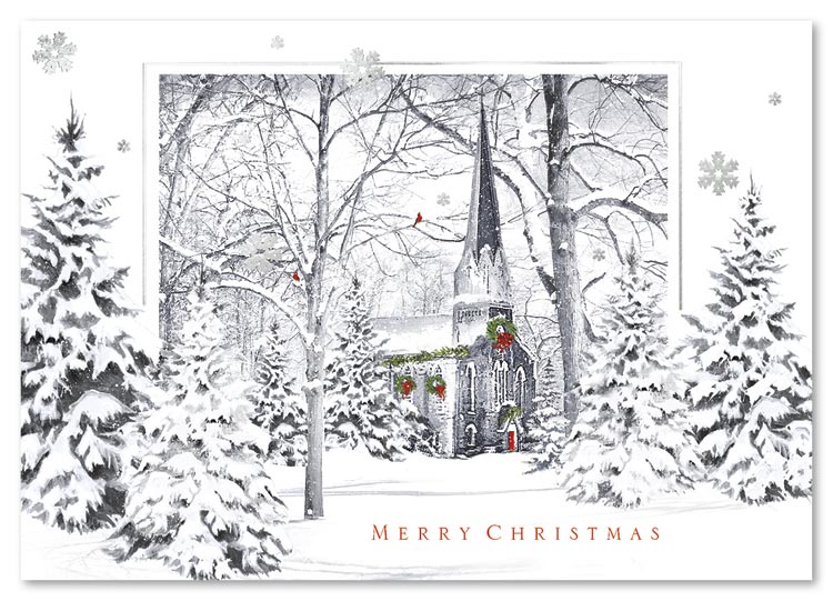 A snowbound church shares a silent wish for grace, peace and goodwill in A Closer Look Christmas Card.