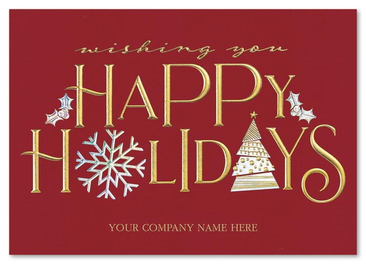 Playful typography and seasonal imagery dance above your company name in the Holiday Spirit Holiday Card.