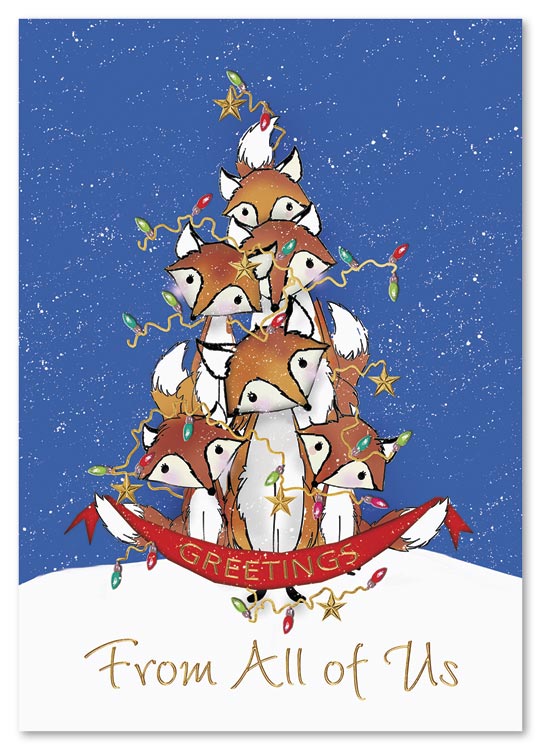 A family tree of curious foxes sends a fun-filled joyful message with the Foxy Friends Holiday Card.