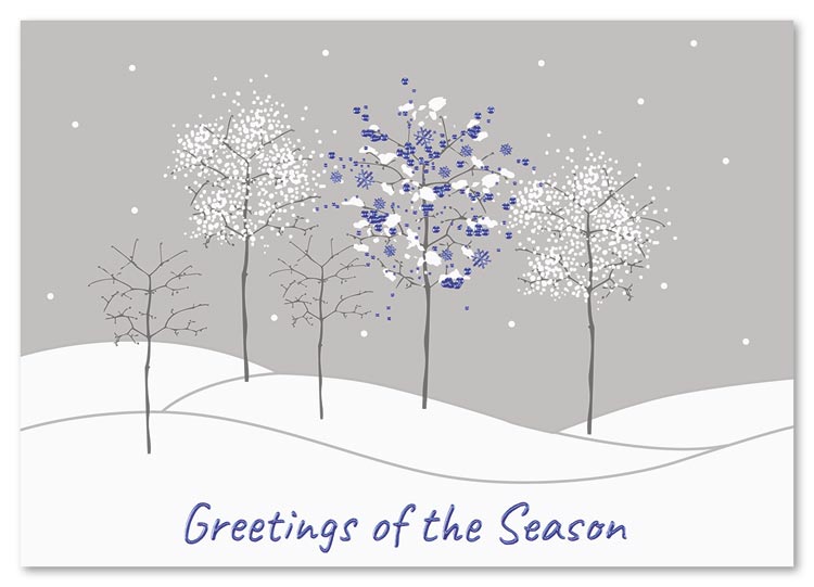 A delicate glade of blue and silver saplings rises from soft, pearlescent drifts of snow in the Chill Factor Holiday Card.