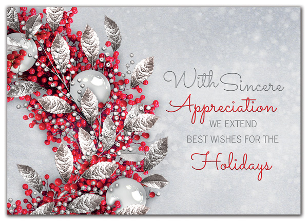 Holiday cards with custom printed message of appreciation, in red and silver tones.