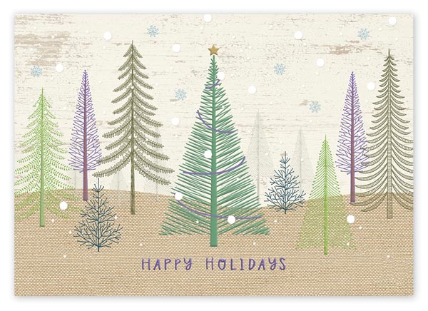 Fresh and whimsical, you can almost smell the evergreen needles of the Pastel Pines holiday card.