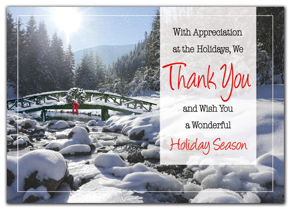 Share the peace and tranquility of a single wreath on a rustic bridge with the How Thoughtful Holiday Card.
