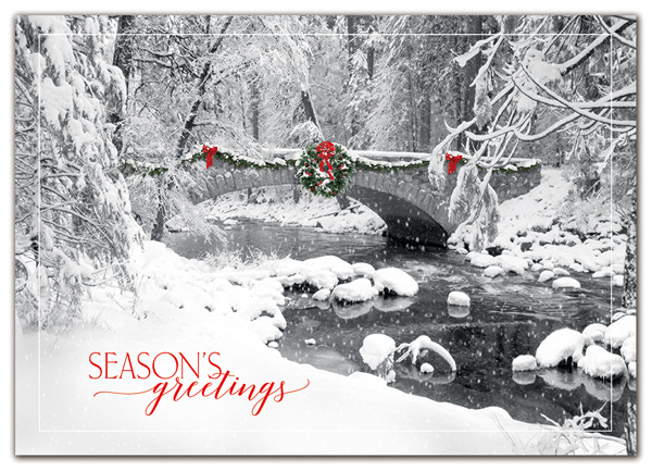 A woodland bridge shares a moment of holiday peace and quiet in the Icy Creek Holiday Card.