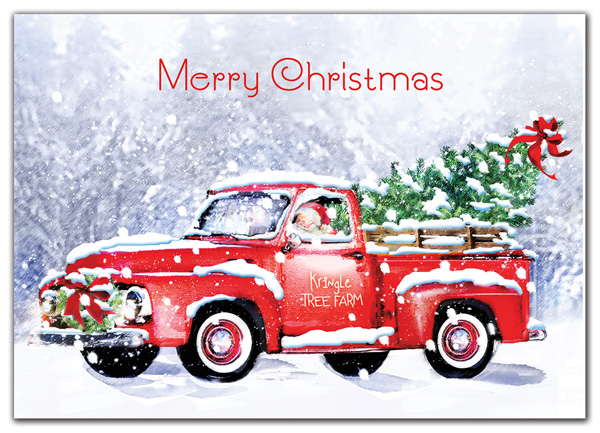 Jolly Old St. Nick delivers a truck full of vintage holiday memories in the Farm Fresh Christmas Card.
