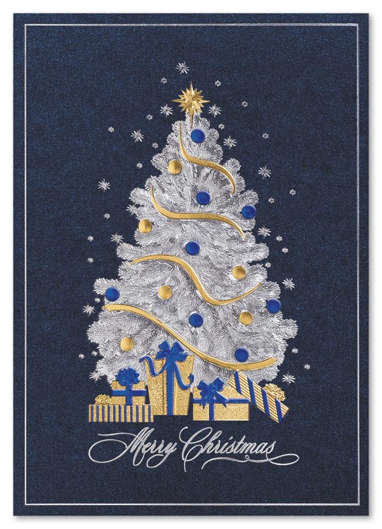 A frosted and ribbon adorned tree makes the In the Spirit Card a perfect choice for sending the merriest of wishes.
