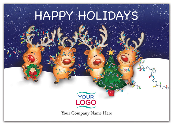 A cheerful quartet of red-nosed reindeer share your message of cheer in the Perfect Partners Holiday Logo Card.