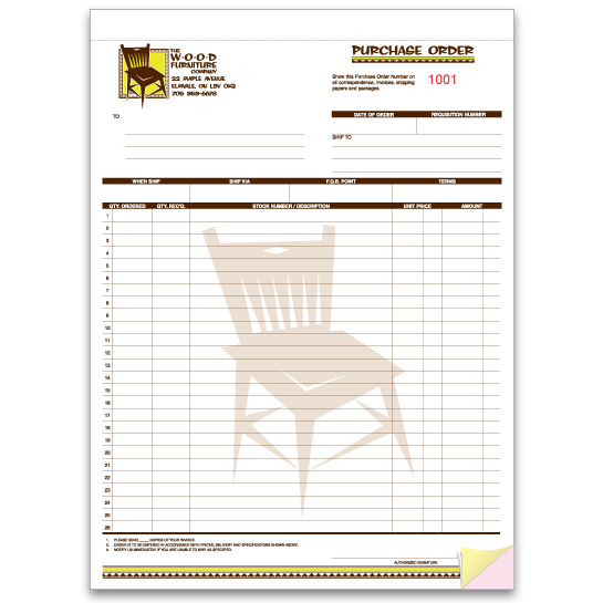 Custom made business forms printed on carbonless (NCR) paper. 1 ink colour.